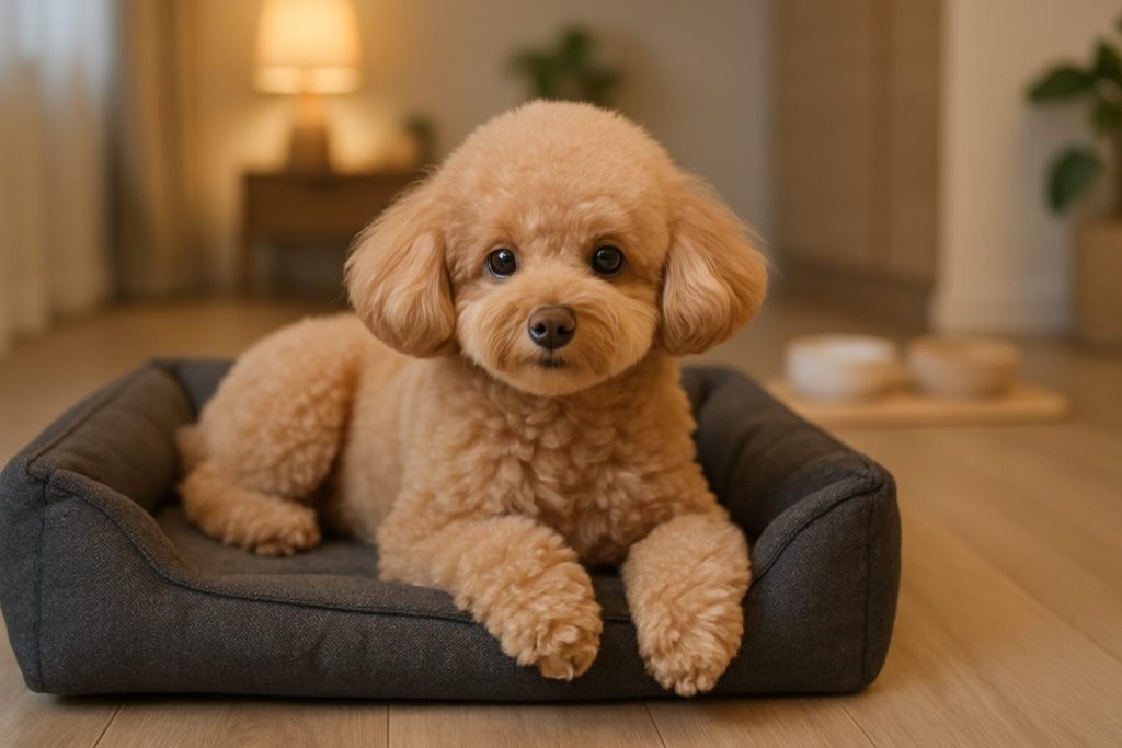 ティーカッププードルがクッションの上に座っている姿